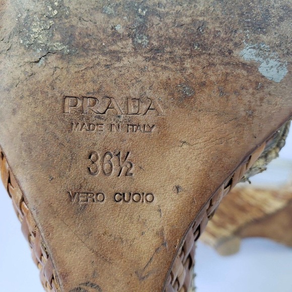 Prada Snake Leather Ankle Strap Woven Raffia Wedge Heel Sandals Size 36.5 Italy - Picture 9 of 16